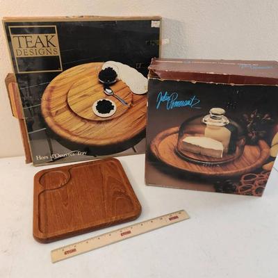 3 Vintage Teak Serving Trays - Julie Pomerantz, Dolphin, Teak Designs