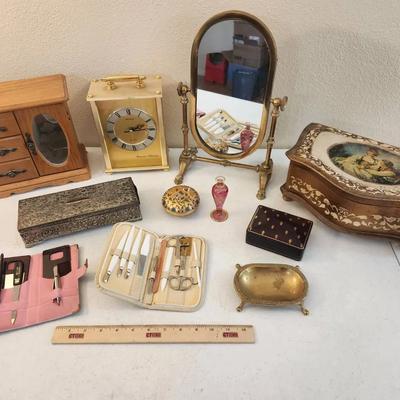 11pc Vintage Vanity - Jewelry Boxes, Italian Leather Box, Seiko Clock