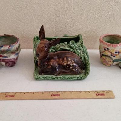 Vintage Ceramic Planters -Shawnee Deer, Japan Donkeys With Carts