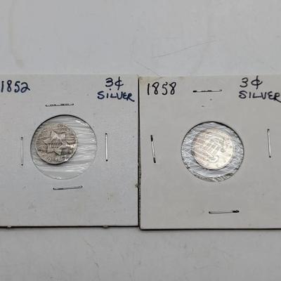 1852 & 1858 Silver 3 Cent Pieces
