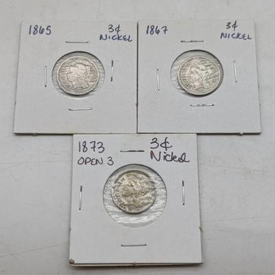 Three 3-Cent Nickels...1865, 1867, 1873