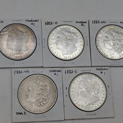 1882 P, O, O/O, O/S, & S Morgan Silver Dollars