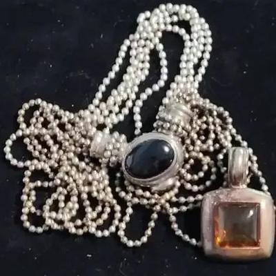 ESPO SIG 925 Sterling Multi-Strand Beaded Necklace with Onyx & Amber Snap Pendants (70 Grams)