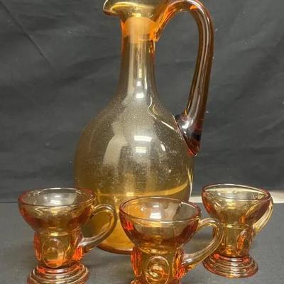 Ct364 amber glass pitcher with cups and bowl