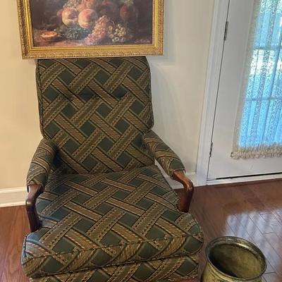 Vintage Green Upholstered Chair, Framed Fruit Bowl Oil Painting, & Metal Green Vase