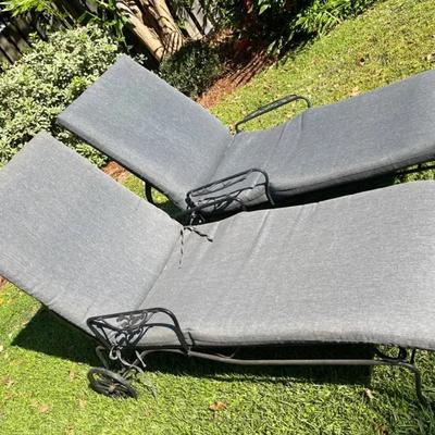 (2) Metal Sun Loungers with Cushions  Adjustable & Rolling Design