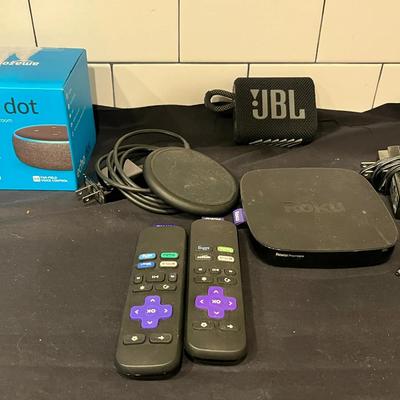 Echo Dot, JBL GO3, Wireless Charger, And Roku