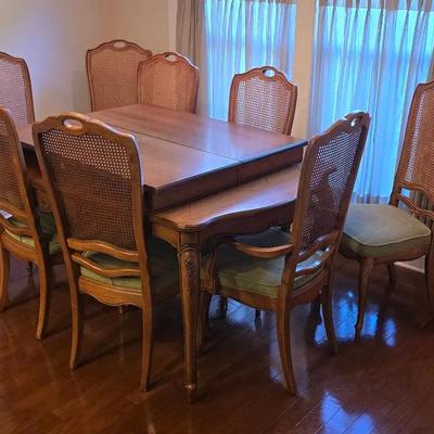 Heavy Ornate Wood Table With 2 Leaves, 8 Cane Back Green Upholstered Chairs & 1 DIY Chair