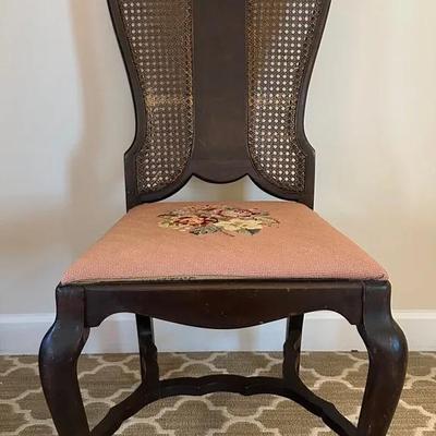 Vintage Cane-Back Chair With Needlepoint Seat Cushion
