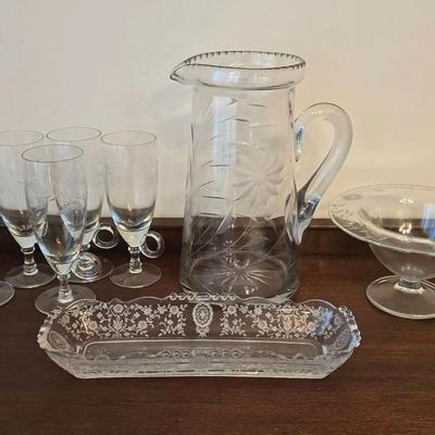 Vintage Etched Clear Crystal Irish Coffee Mugs, Etched Glass Pitcher, Pedestal Bowl & Relish Tray