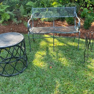 Metal Bench, Plant Stand, Black Wicker Table 