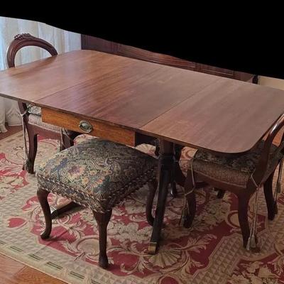 Vintage Dropleaf Wood Table With 2 Drawers, 2 Chairs, 2 Benches & Area Rug