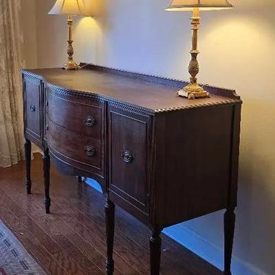 Vintage Wood Sideboard/Buffet Table With 2 Doors And 2 Dovetail Drawers, 2 Gold Tone Lamps 