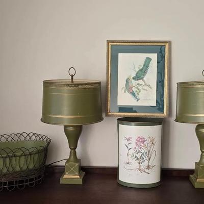 Vintage Green Metal Decor: Lamps With Metal Shades, Wire Basket W/Metal Tub, Gold Toned Framed Print