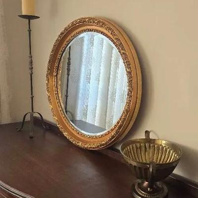 Vintage Heavy Gold Toned Oval Ornate Beveled Mirror, Brass Pedestal Bowl, Metal Candle Stand