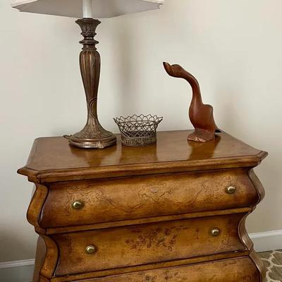 Bombshell Style 3 Drawer Chest, Brass Lamp, Metal Basket, Wooden Duck