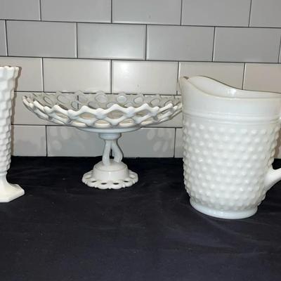 Milk Glass Platter, Pitcher, And Vase 