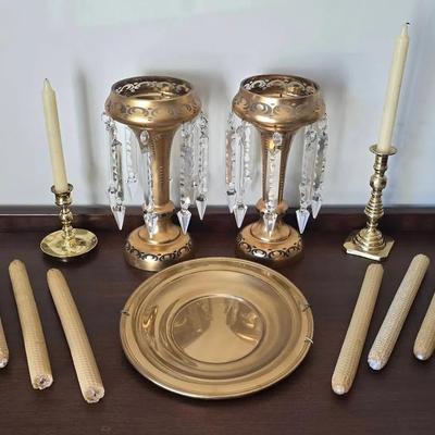 Gold Painted Glass Candle Sticks With Hanging Crystals, Beeswax Candlesticks, Gold Metal Decor