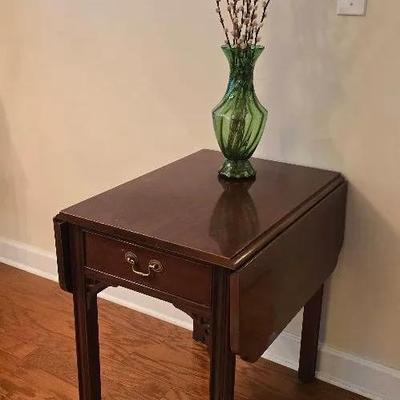 Vintage Wood Dropleaf Table With Dovetail Drawer, Green Glass Decor Vase With Willow Branches