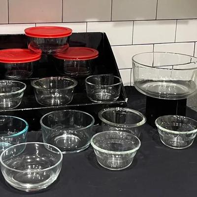 Assortment Of Clear Pyrex, Anchor Hocking, & Arcoroc Clear Dishes And Plates