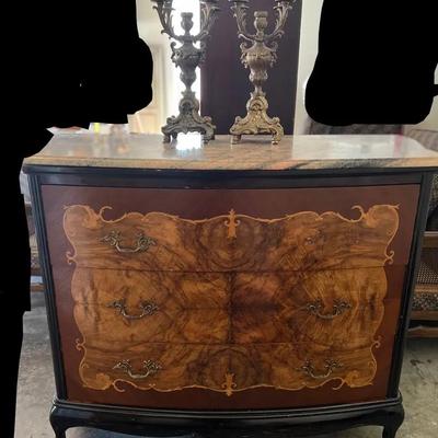 Antique French Louis XVStyle Chest of Drawers with Marble Top  Pair of Ornate Candelabras