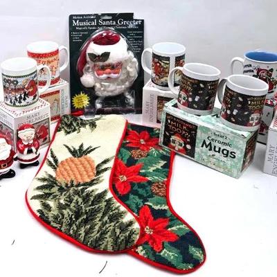 Assortment of Holiday Mugs, Santa Greeter, & Others