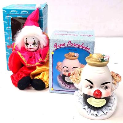 Vintage "Crowne" Porcelain Clown Doll & Clown Bank