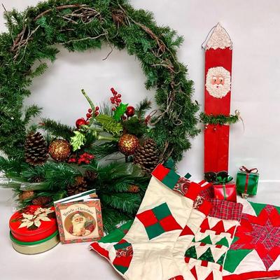 Pre-lit Christmas Wreath, Homemade Trea Skirt, Stockings, & More