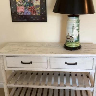 Shabby Chic White Table w/Shelves, Door Co. Lamp, Print