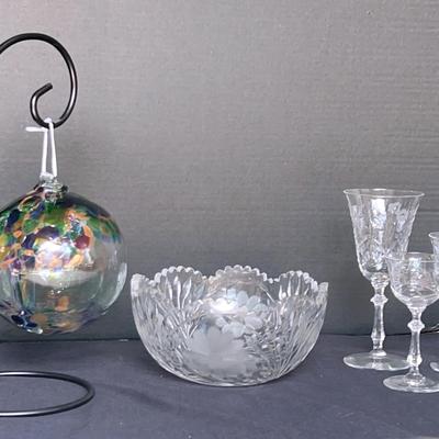 Set of Crystal Glasses, Crystal Bowl, & Decorative Ball