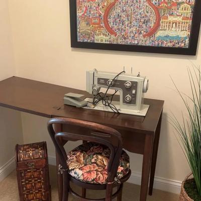 Kenmore Sewing Table, Chair, Vatican Art, Wastebasket 