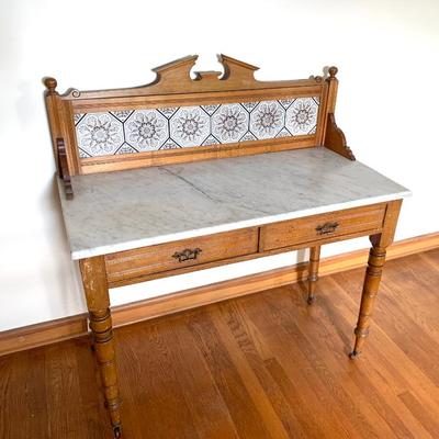 Sale Photo Thumbnail #10: Antique English marble top server w/ tiled backsplash.