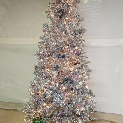 Silver Tinsel Christmas Tree & 2 Small Tress