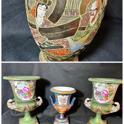 3 Chelsea House Urn Style Vases & Japanese Satsuma Vase