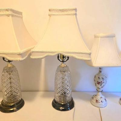 2 Glass & Brass Lamps & 2 China Floral Lamps