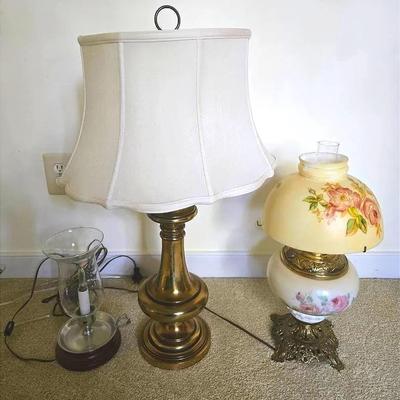 3 Vintage Lamps: Converted Oil Lamp, Brass, Pewter