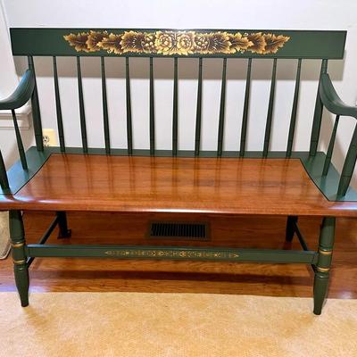 Vintage Hitchcock Style Deacon’s Bench With Painted Green And Gold Accents