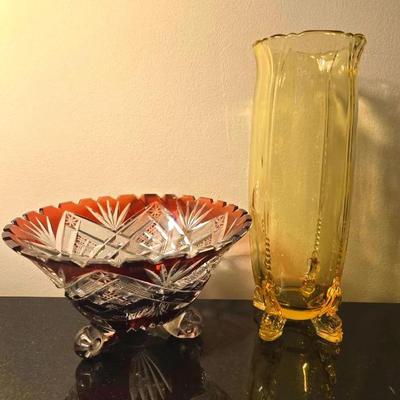 Vintage Cut To Clear Footed Bowl & Yellow Glass Vase