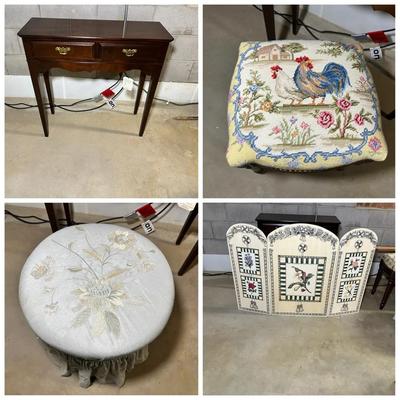 Painted Fire Screen, 2 Stools & Console Table