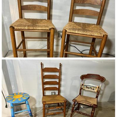 4 Rush Seated Chairs & Hand Painted Stool