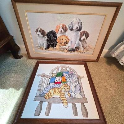 Handmade Crewel Embroidery Art Cats & Dogs