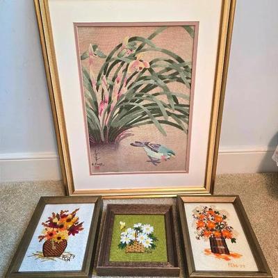Crewel Embroidery Art 70s Florals & Asian Bird Design
