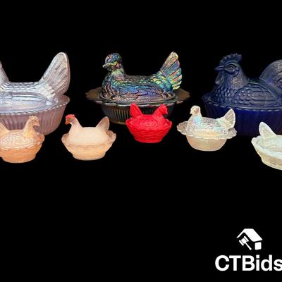 CV155 - Set of 8 Marked Glass Hen-on-Nest Covered Dishes - Assorted Colors