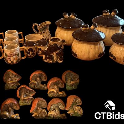 CV160 - 1970s Mushroom Motif Ceramic Kitchen Set - Canisters, Mugs and Accessories.