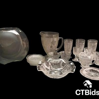 CV229 - Group of Clear Jeanette Glass, Herringbone And Iris. And Large Clear Globe Bowl