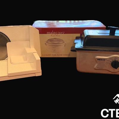 CV175 - 3 Small Appliances - Rival Slicer, Slow Cooker, Nesco Roaster