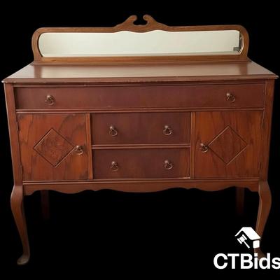 CV145 - Vintage Oak Sideboard with Mirror Back and Carved Panel Doors