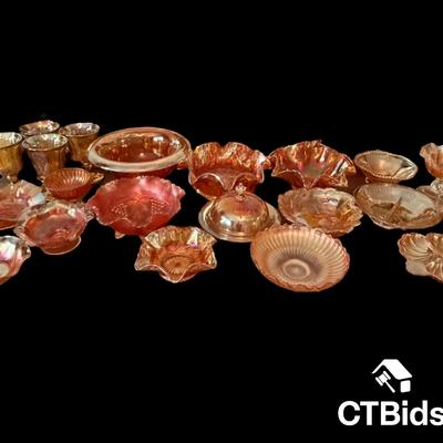 CV187 - Vintage Marigold and Peach Iridescent Carnival Glass Lot – Bowls, Compotes, and Dishes