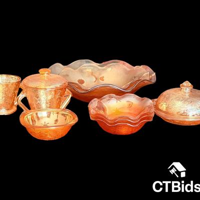 CV186 - Jeanette Glassware "Iris & Herringbone" Marigold Carnival Glass - 9 Pieces
