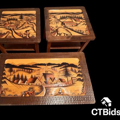 CV103 -  Mid-Century German Relief-Carved Black Forest Handcrafted Coffee Table and 2 End Tables.
